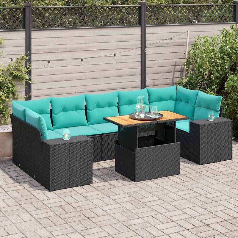 vidaXL 8 Piece Patio Sofa Set with Cushions Black Poly Rattan - 21.7 x 24.4 x 27.2