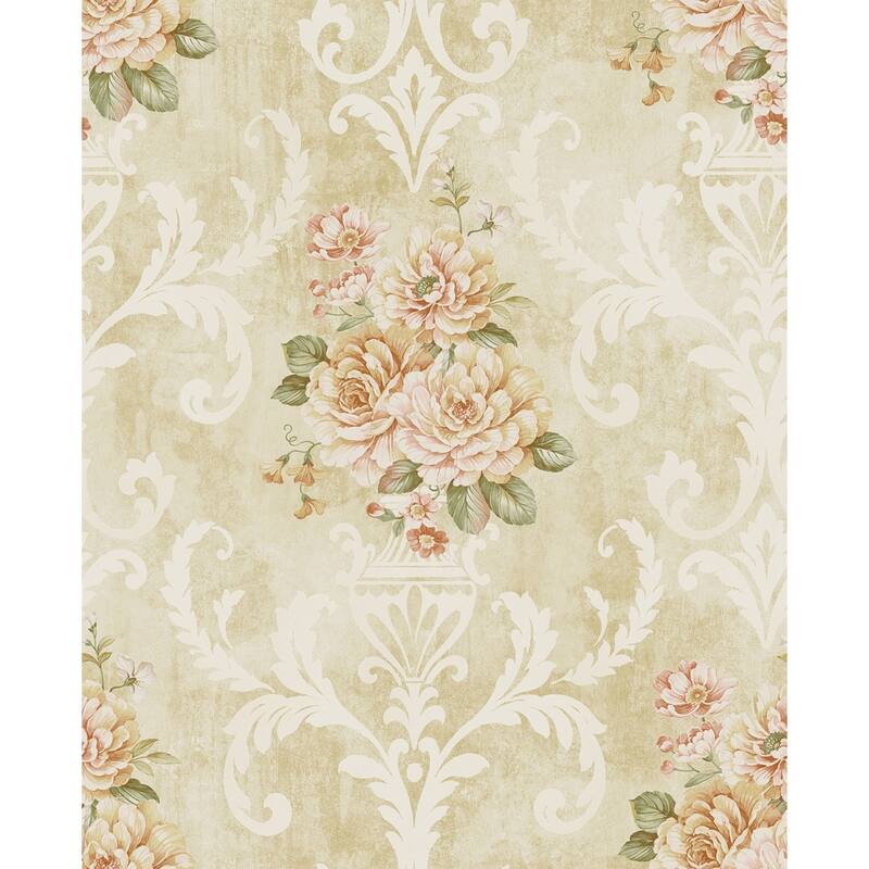 Seabrook Designs Eryn Floral Damask Unpasted Wallpaper - 20.5 in. W x 33 ft. L - Metallic Parchment & Peach
