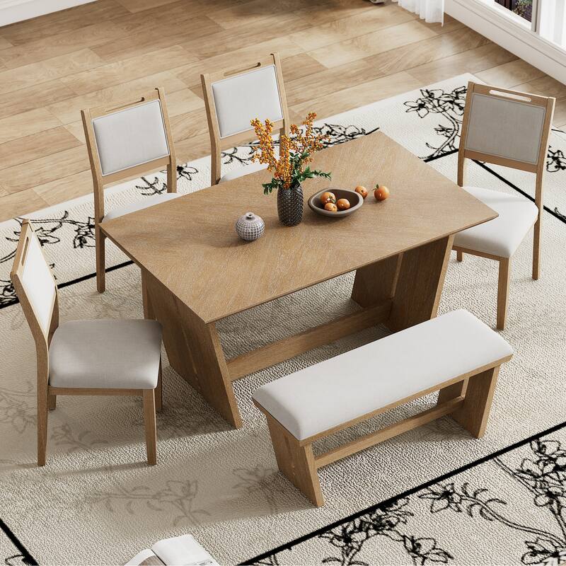 6-Piece Retro Dining Set with Rectangular Table, Trapezoidal Base, 4 Upholstered Chairs, and 1 Bench for Dining Room