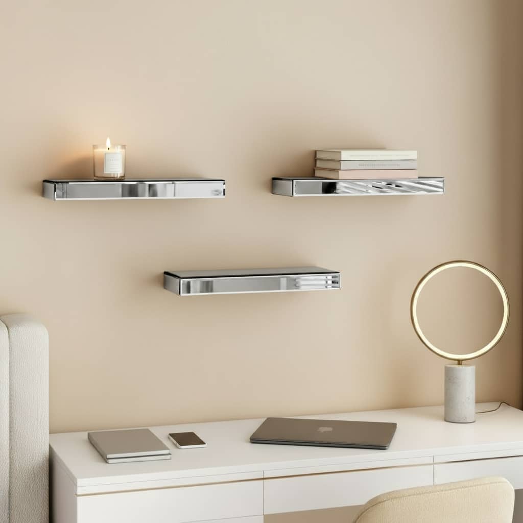 HomeRoots Set Of Three Silver Glass Wall Mounted Floating Shelf - 14.57 in. x 1.57 in. x 5.31 in.