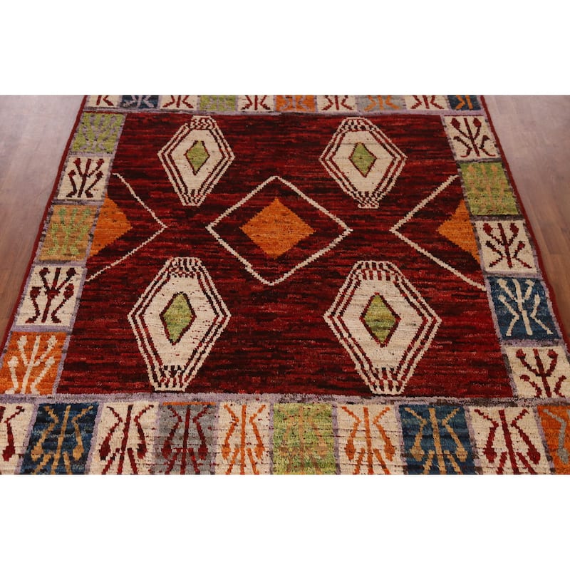 Red Geometric Moroccan Area Rug Hand-Knotted Wool Carpet - 6'10" x 9'9"