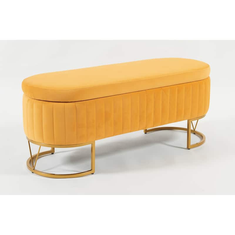 Oval Velvet Storage Bench with Metal Legs - Upholstered Bedroom Bench, Modern Storage Ottoman Bench