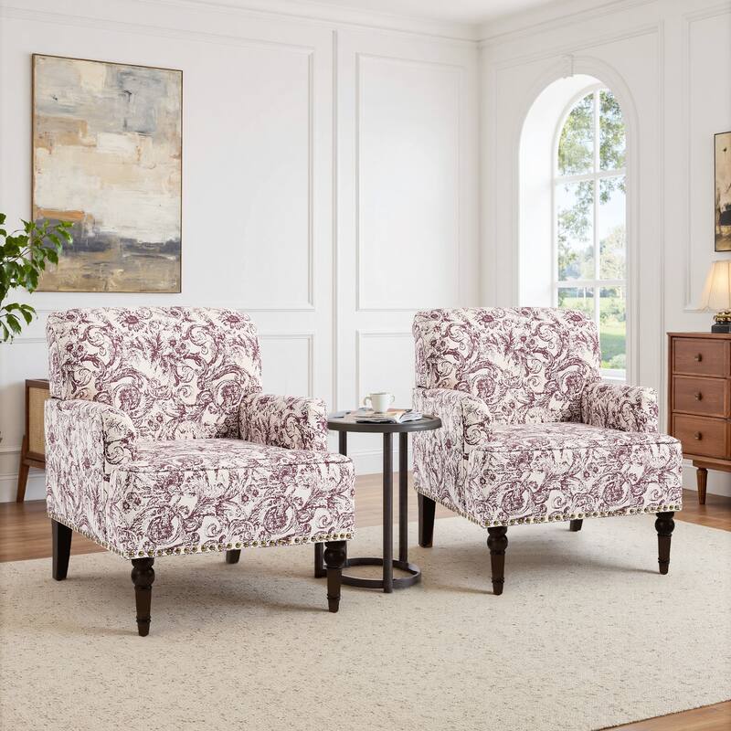 Linen Upholstered Armchair Nailhead Trim Accent Chair - 2 SET - ROCOCO PLUM