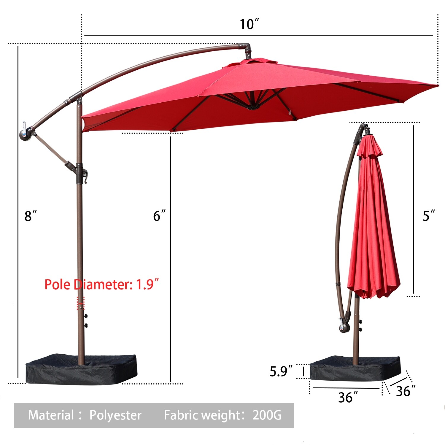 Aoodor Offset Patio Umbrella 10‘ Cantilever Hanging Market Umbrella Water Resistant UV Protection Blue Base Stand is Included 