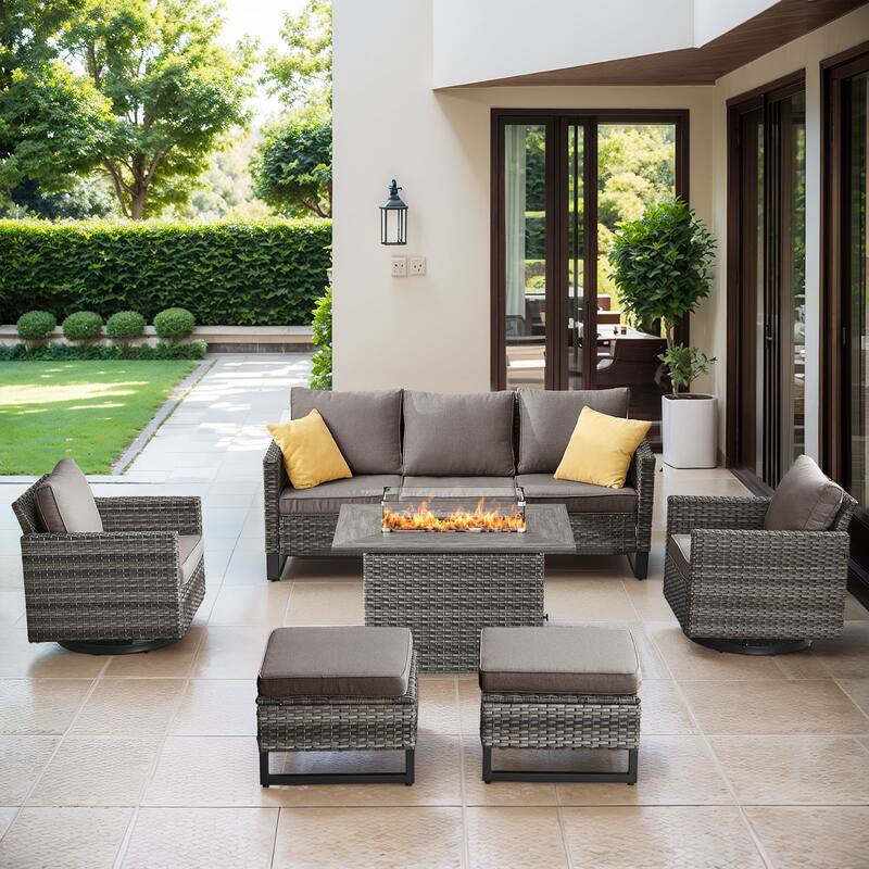 Patio Sofa 2 Swivel Chairs Ottomans and Fire Table Grey-Grey - Grey - Grey - Grey