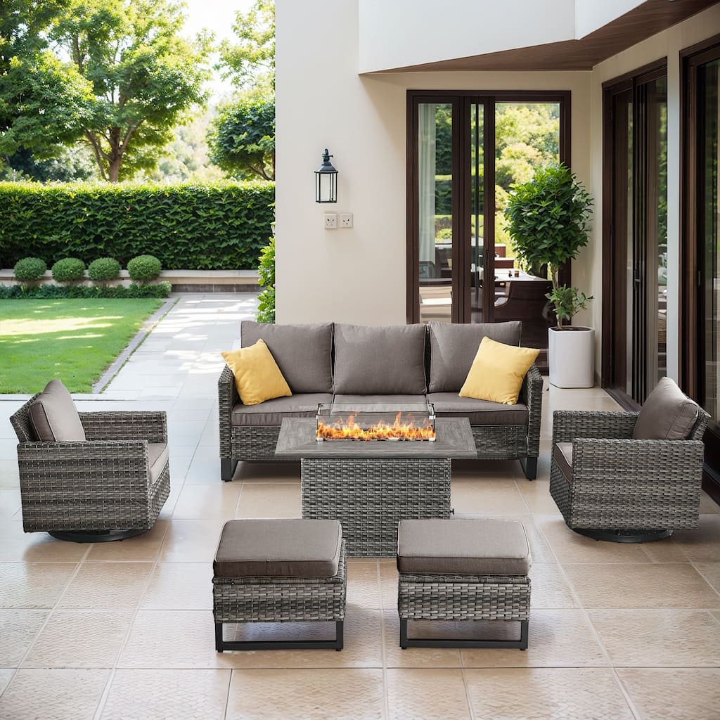 Patio Sofa 2 Swivel Chairs Ottomans and Fire Table Grey-Grey - Grey