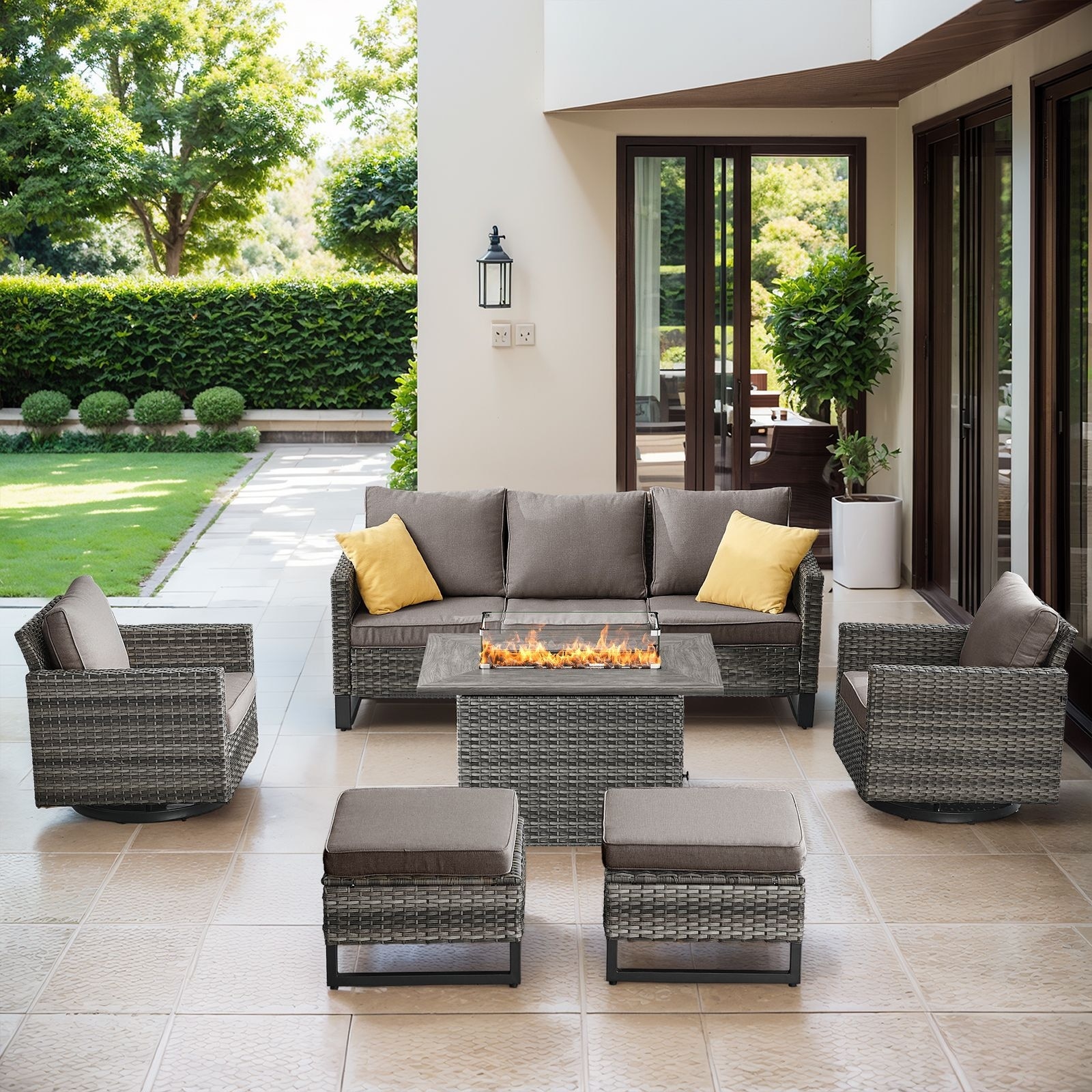 Patio Sofa 2 Swivel Chairs Ottomans and Fire Table Grey-Grey - Grey