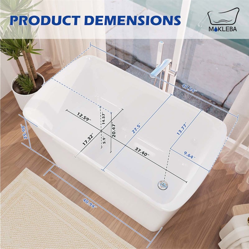 47 in. Acrylic Freestanding Flatbottom Japanese Soaking Bathtub Not-Whirlpool SPA Tub with Pedestal