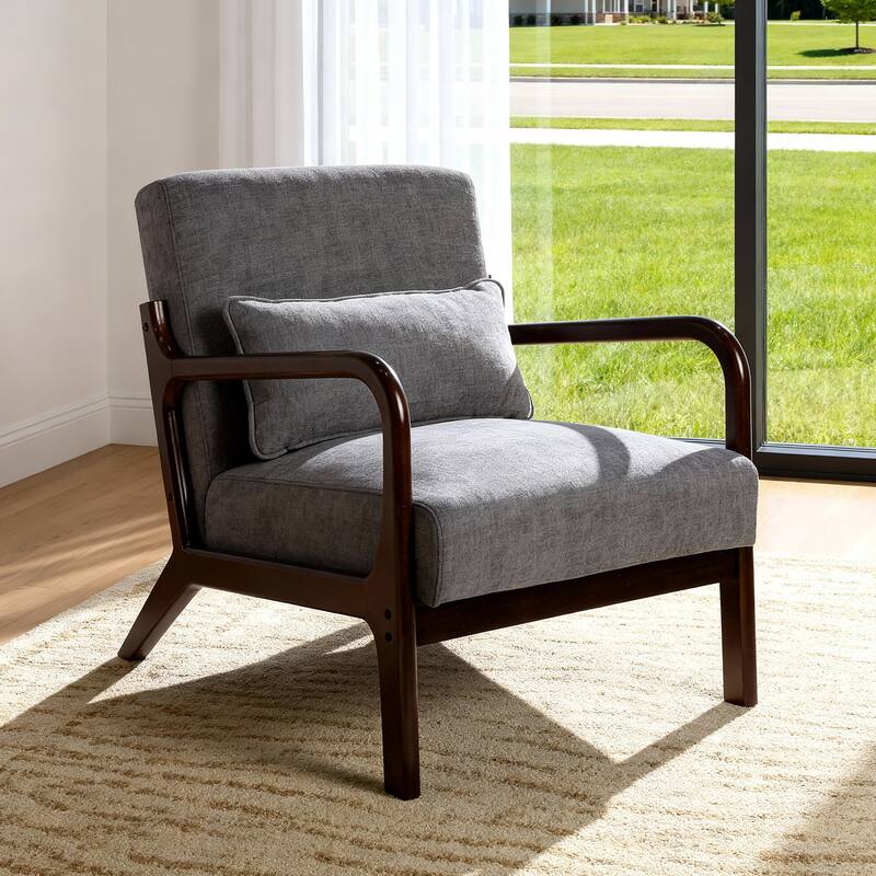 Armchair Solid Wood Frame Accent Chair with Detachable Lumbar Pillow Living Room Chairs - Dark Grey