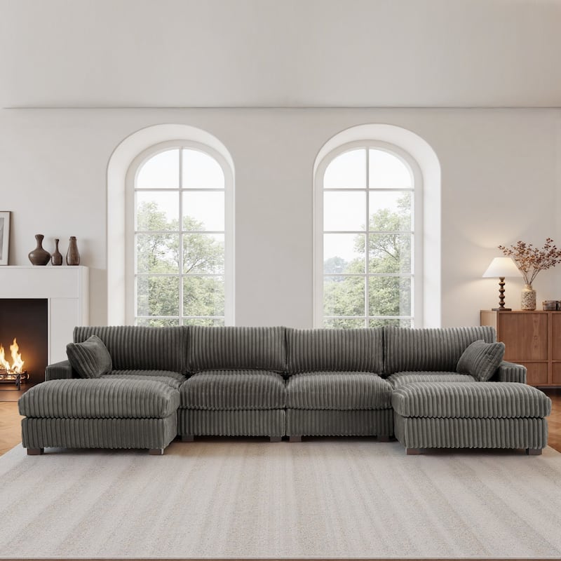Oversied Plush Corduroy Fabric Modular Sectional Sofa with Chaise, Ottoman