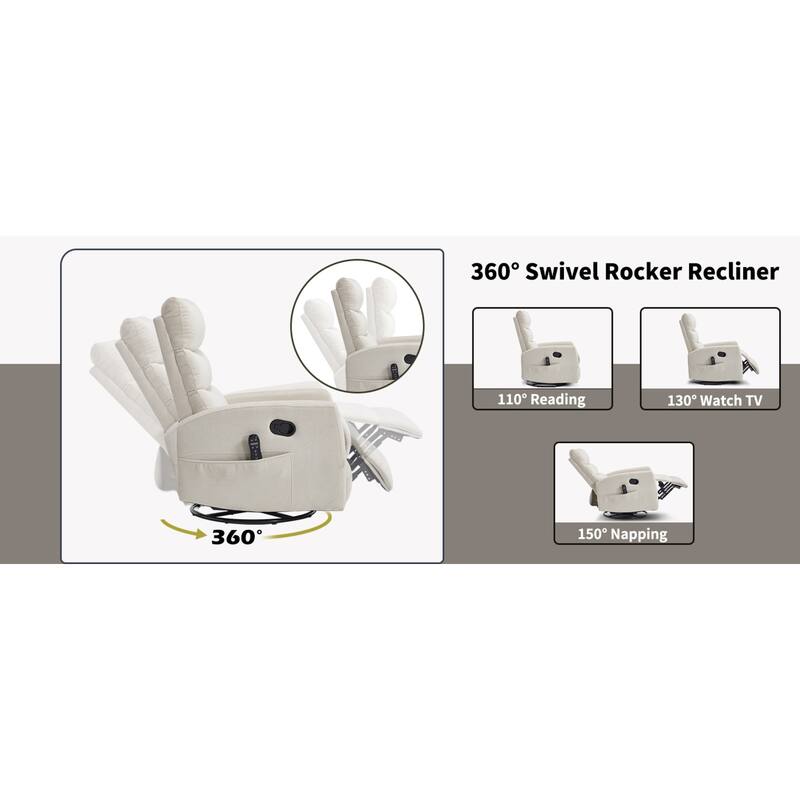 Roomfitters Manual Swivel Rocker Recliner Chair with Heat and Massage Fabric Glider Lounge Sofa for Living Room