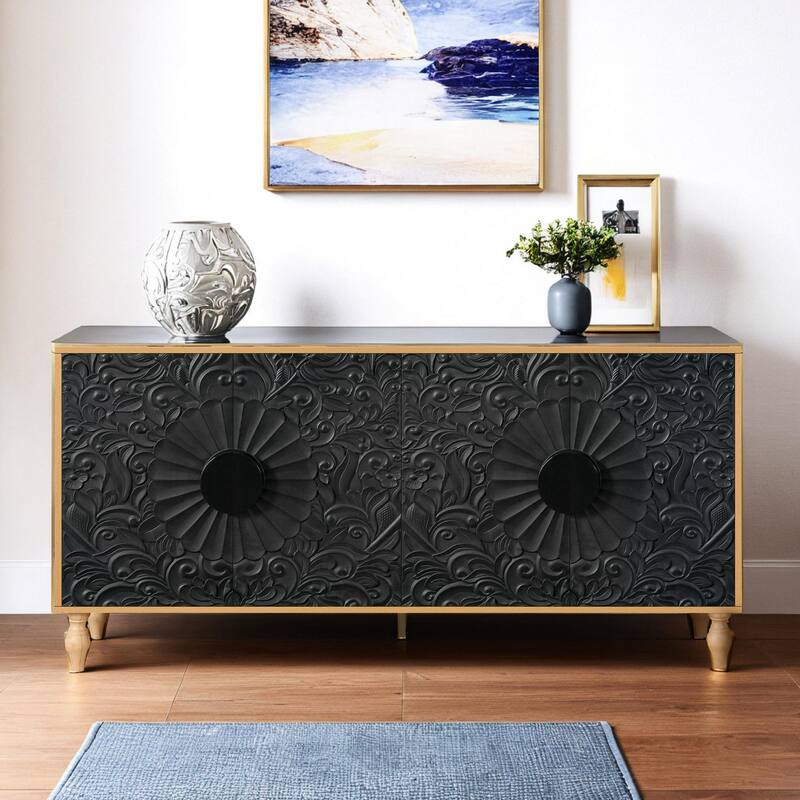 Carved Symmetrical Design Door And Wood Coloured Frame For TV Stand Table,Living Room ,Entryway