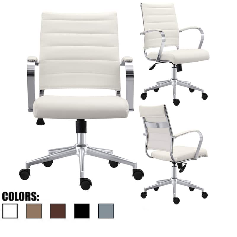 Modern Office Chair, Executive Mid-Back Conference Room Chair in PU Leather with Wheels and Arms - White