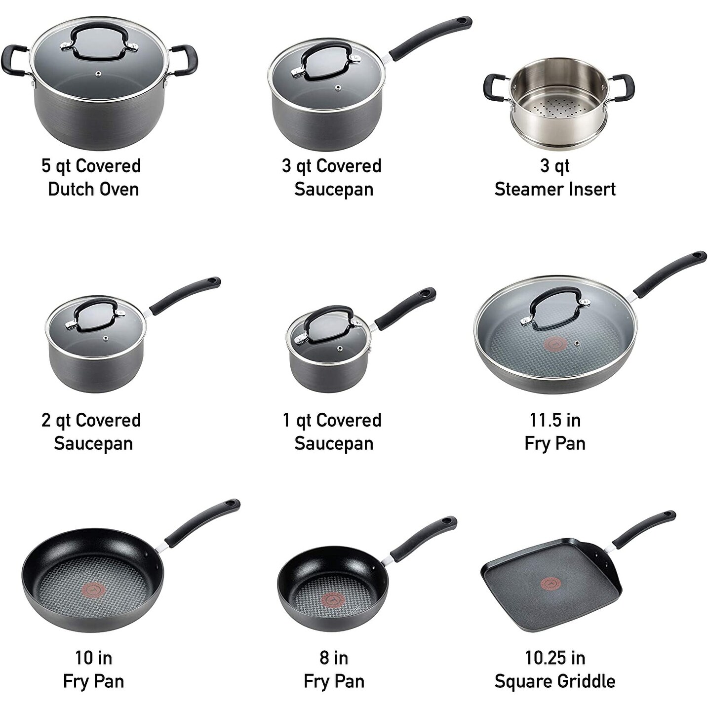 T-fal Ultimate Hard Anodized Nonstick Cookware Set 14 Piece Oven Safe 400F,  Lid Safe 350F Pots and Pans, Dishwasher Safe Black