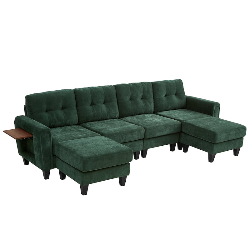 115" U-Shaped Sectional Couch, 6 Seat Upholstered Deep Seat Sofa with Movable Ottomans, USB Ports and Side Tables