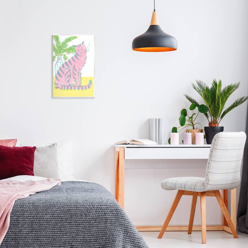 Stupell Modern Pink Cat & Plant Wall Plaque Art Design By Hannah Moren