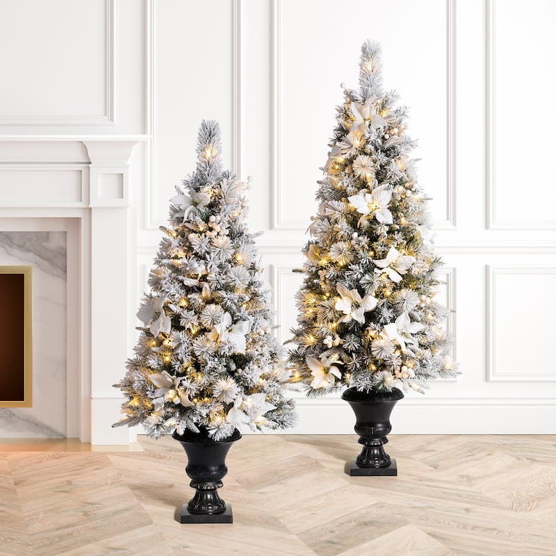 Glitzhome 5FT Pre-Lit Snow-Flocked Pine Artificial Christmas Tree with Vintage Planter, 150 Warm White Lights and Poinsettia