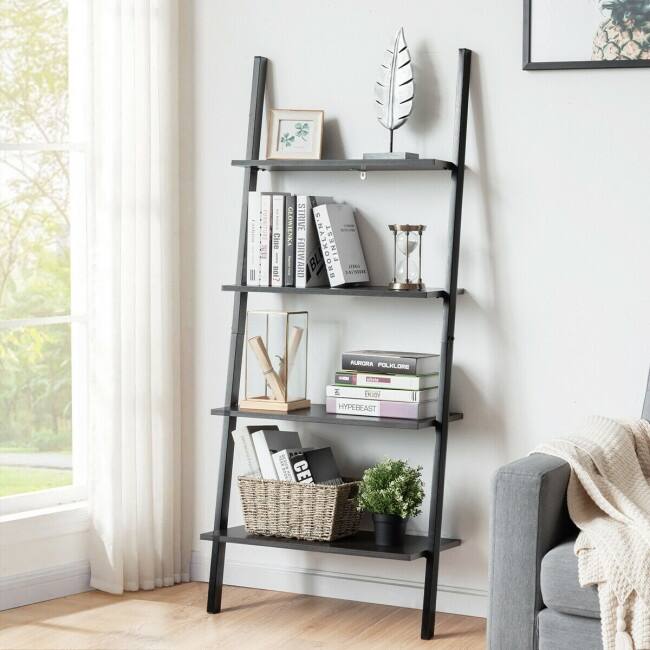 Multipurpose 4-Tier Industrial Leaning Wall Bookcase with Metal Frame - 25'' x 14'' x 60'' (L x W x H)