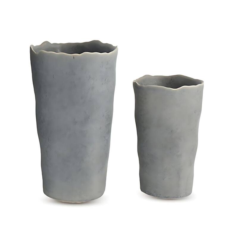 Set of Two Grey Ceramic Planters with Scalloped Edges