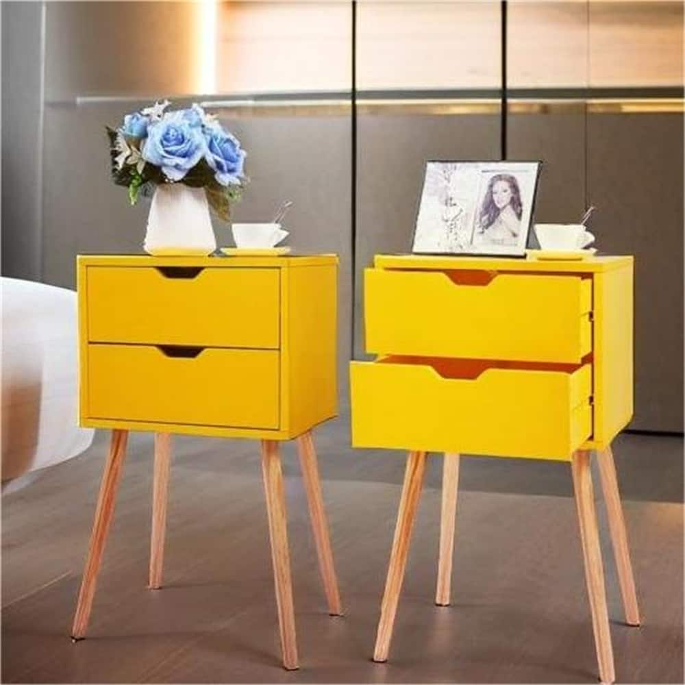 Mid Century Wood Nightstand with 2 Drawers and Pinewood Leg (Set of 2)