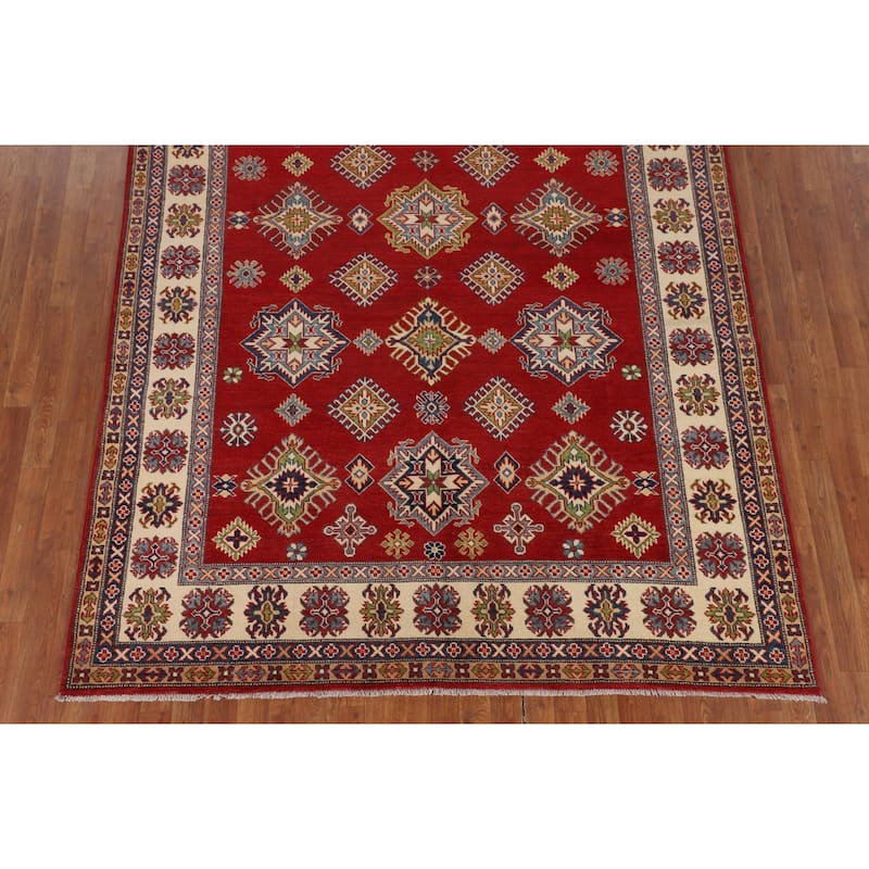 Geometric Kazak Area Rug Hand-Knotted Oriental Red Wool Carpet - 6'6" x 9'11"