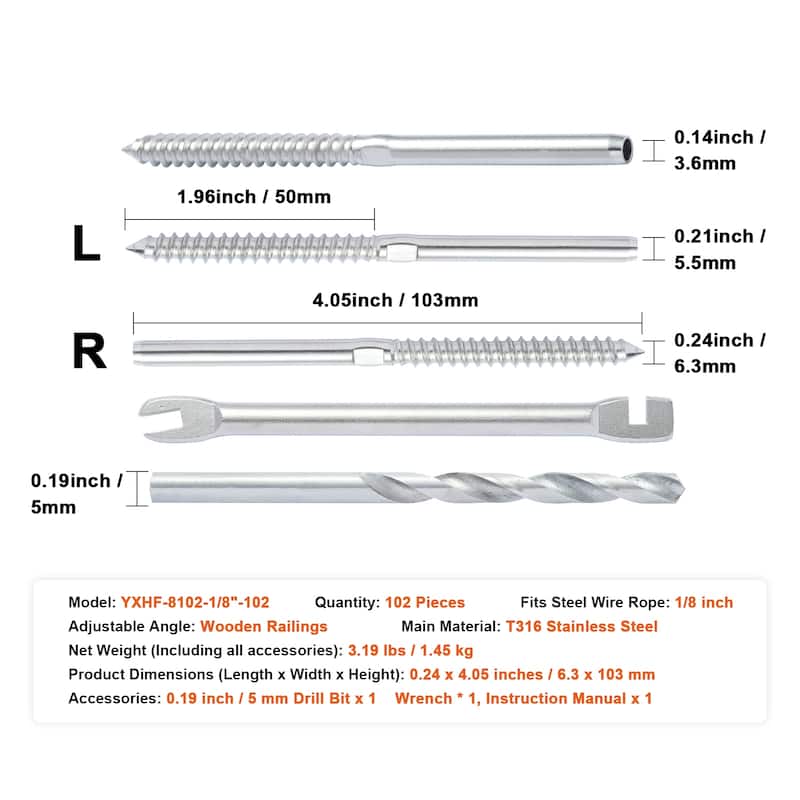 Cable Railing Swage Threaded Stud Tension End Fitting Terminal for 1/8" Deck Cable Railing, T316 Stainless Steel