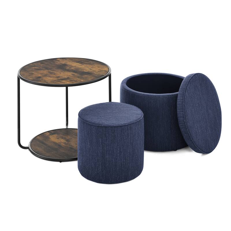 Roomfitters Ottoman Table Set with Drum Stool and Hidden Storage, Multi-Functional Combination Accent Furniture