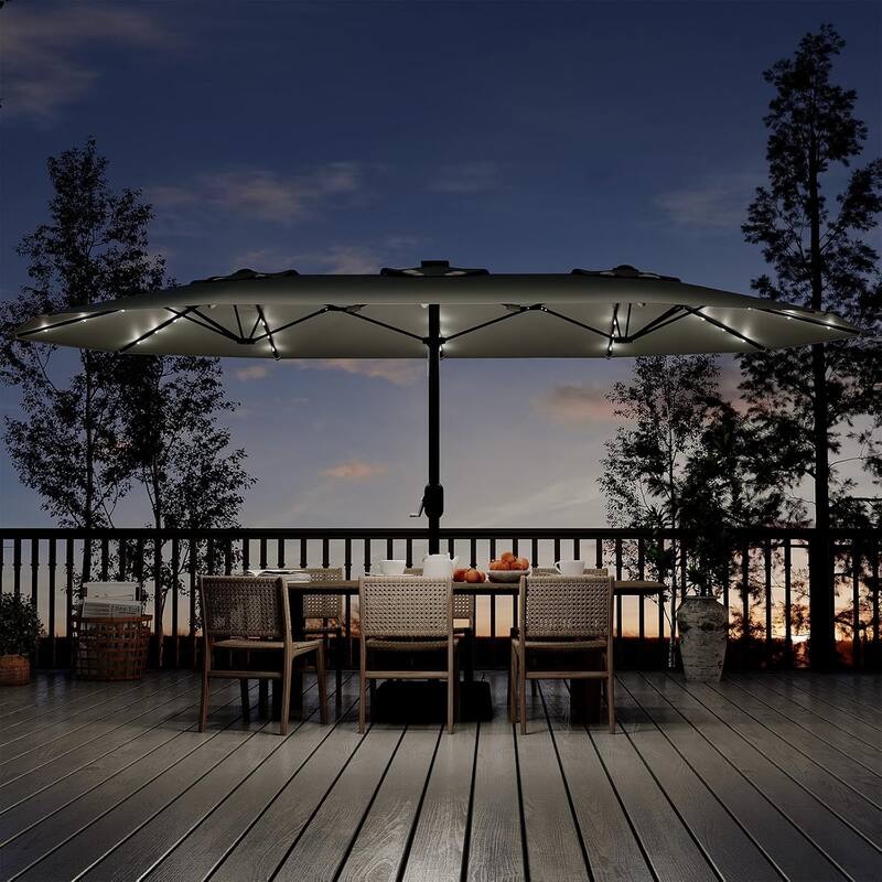 15FT Rectangular Patio Umbrella with Solar Lights & Base Included - Large Patio Umbrella with Crank Handle, UV