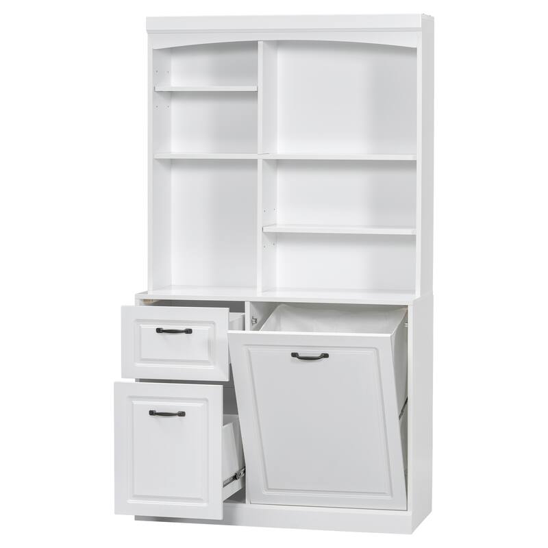 Bathroom Tall Free Standing Cabinet Storage Floor Cabinet w/ Adjustable Shelves, Drawers, Tilt-Out Linen Hamper & Steel Handles