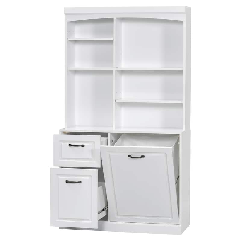 Roomfitters Bathroom Cabinet with Tilt-Out Hamper Adjustable Shelves Drawers and Tall Freestanding MDF Tower, White