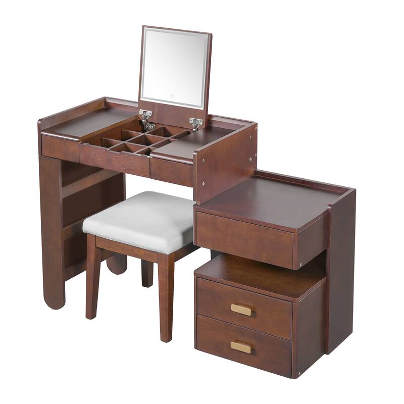 Bedroom Dressing Table and Stool Set of 2, 3-in-1 Makeup Vanity Desk with 3-Color Lighted Mirror & Retractable Side Cabinet