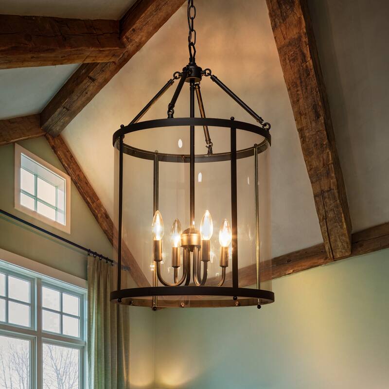 4 - Light Farmhouse Lantern Glass Drum Chandelier for Entryway