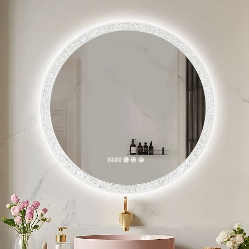 Smart Round Bathroom Mirror with LED Ring Light, Touchscreen, Anti-Fog, and Dimmable Brightness