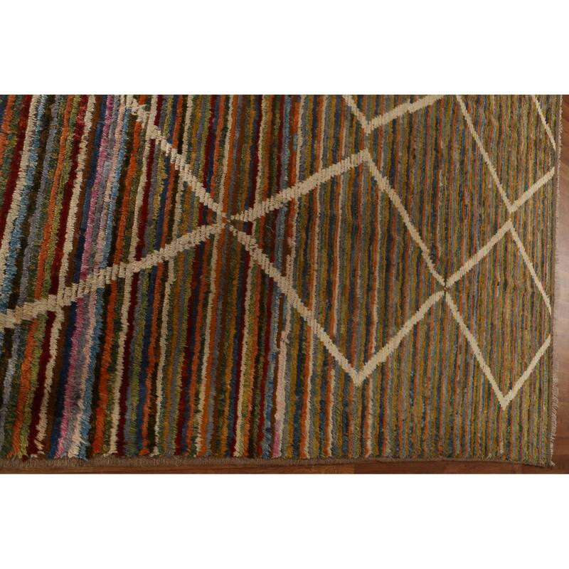 Hand Knotted Oriental 100% Wool Carpet Modern Stripe Multi-Colored Moroccan Area Rug - 13' 0'' X 9' 7''