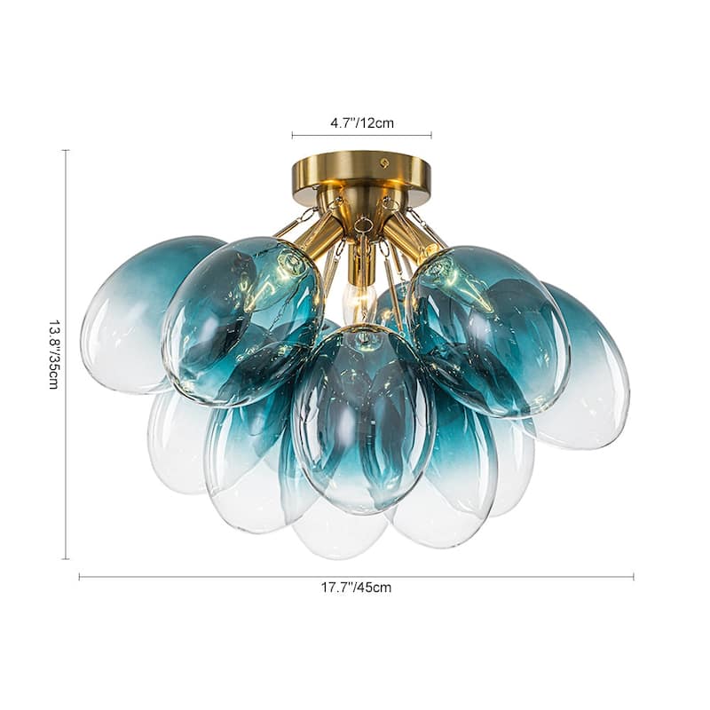 Cluster Blue Tinted Glass Globe Oval Bubble Semi Flush Chandelier