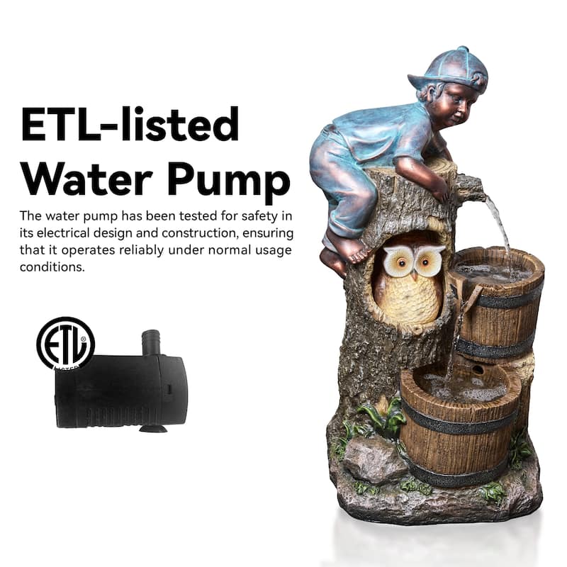 3-Tier Outdoor Fountain – Kid and Owl Play Scene with Cascading Water, Weather Resistant