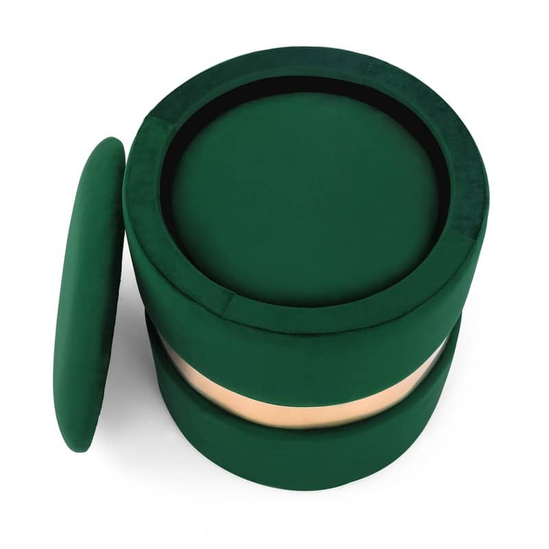 Adeco Set of 2 Velvet Storage Ottoman Round Foot Stool Metal Band