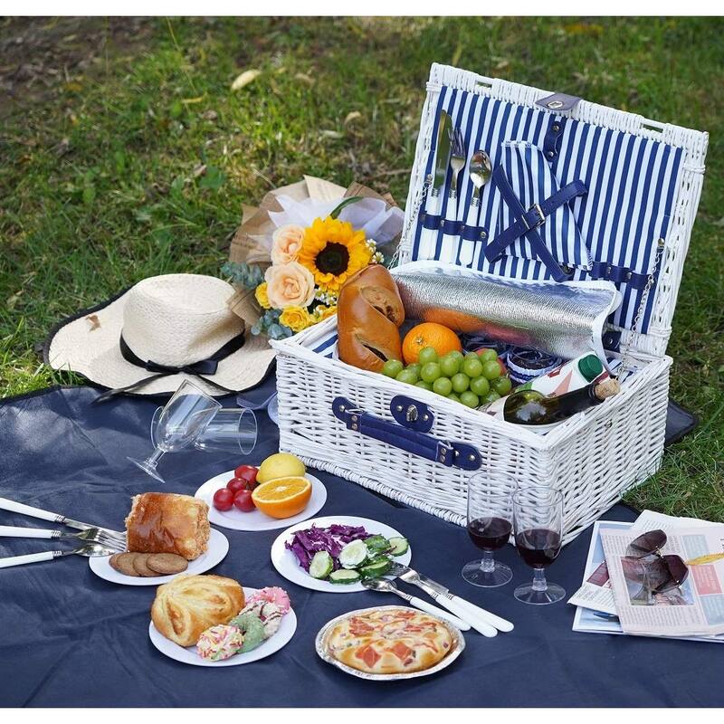 Picnic Basket Willow for 4 Persons, Large Wicker Hamper Set with Big Insulated Cooler Compartment with Waterproof Backing