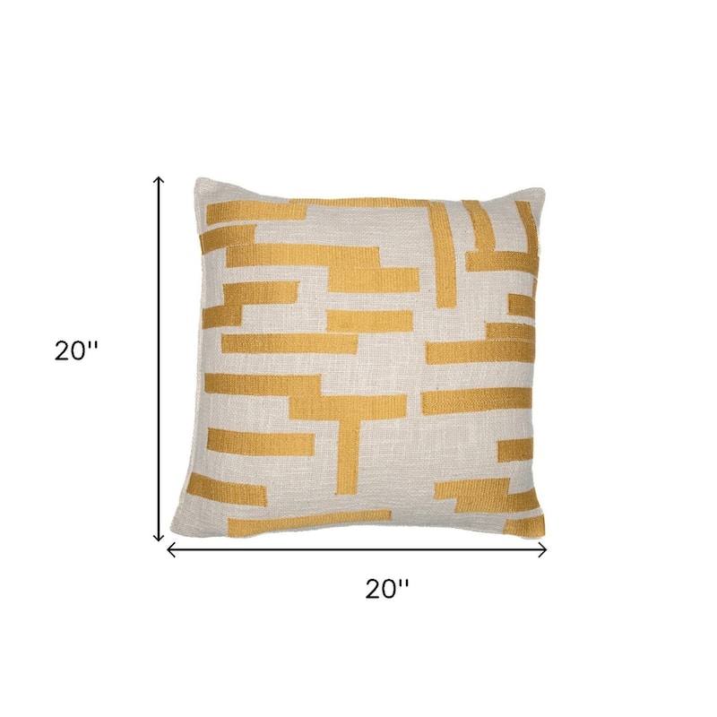 HomeRoots 20" Yellow and Ivory Geometric Cotton Blend Throw Pillow With Embroidery