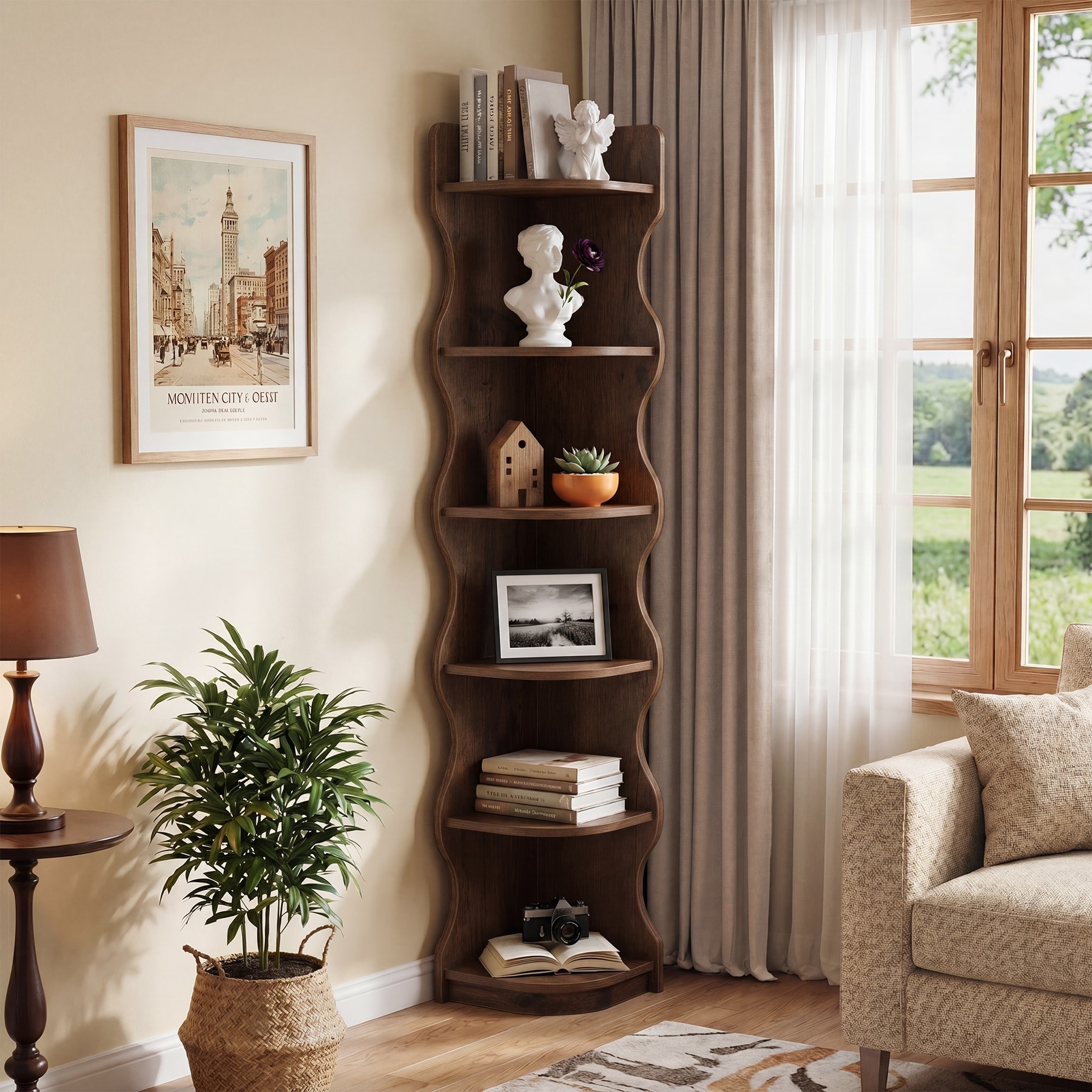 Corner Bookcase, 70.8'' Tall Corner Shelf Storage Display Rack - 13.8'' W × 13.8'' D × 70.8'' H