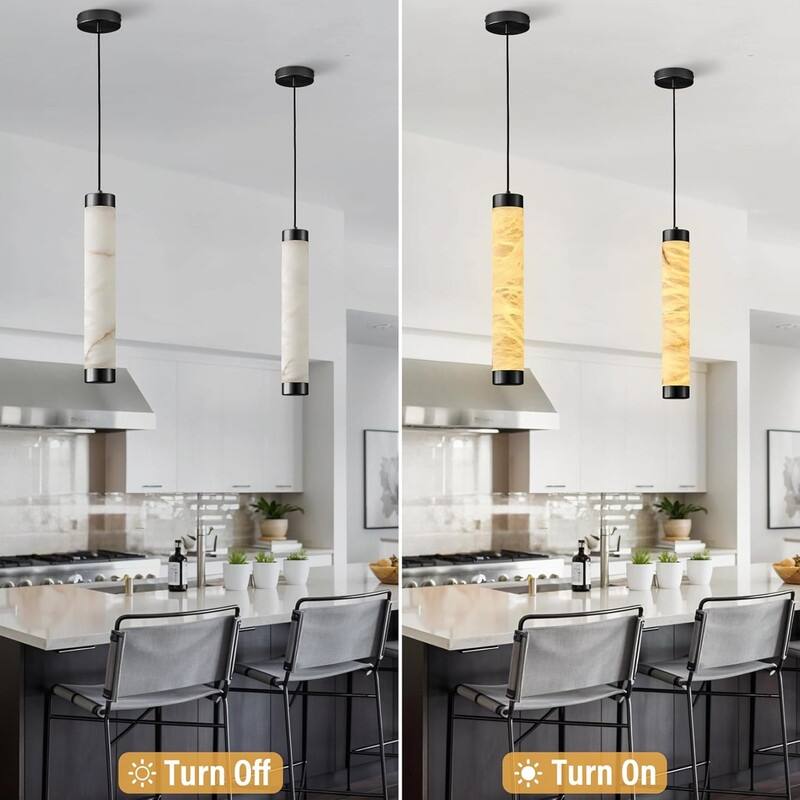 KAYLA Natural Alabaster Pendant Light - Brass Cylinder Marble Long Hanging Light - 19in