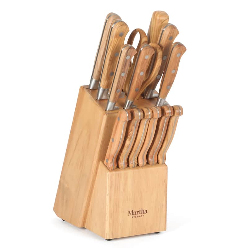 Martha Stewart 15 Piece Austenwood German Stainless Steel Cutlery Knife Block Set W/ Italian Olive Wood Forged Handle