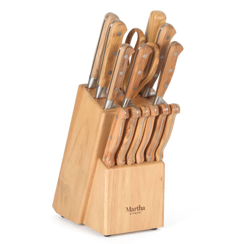 Martha Stewart 15 Piece Austenwood German Stainless Steel Cutlery Knife Block Set W/ Italian Olive Wood Forged Handle