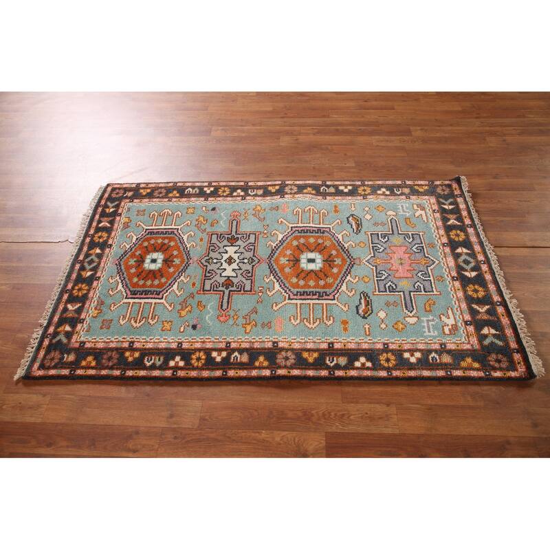 Turquoise / Green Kazak Oriental Foyer Rug Handmade Wool Carpet - 3'1" x 5'0"