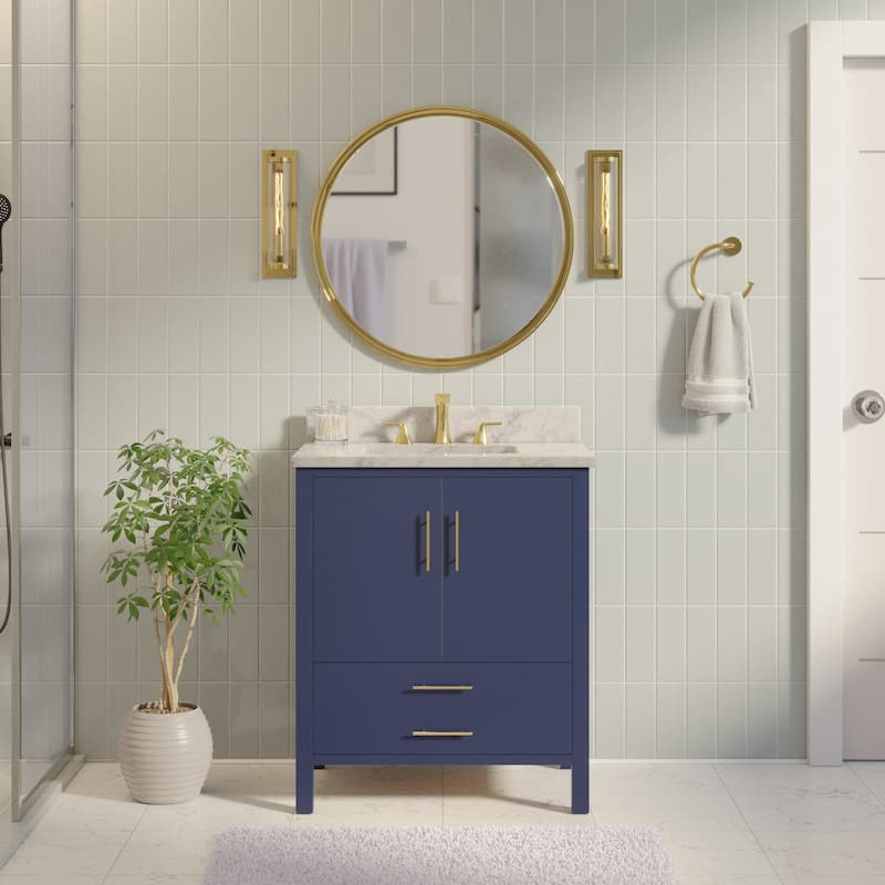 KitchenBathCollection California 30" Bathroom Vanity with Carrara Marble Top - Royal Blue