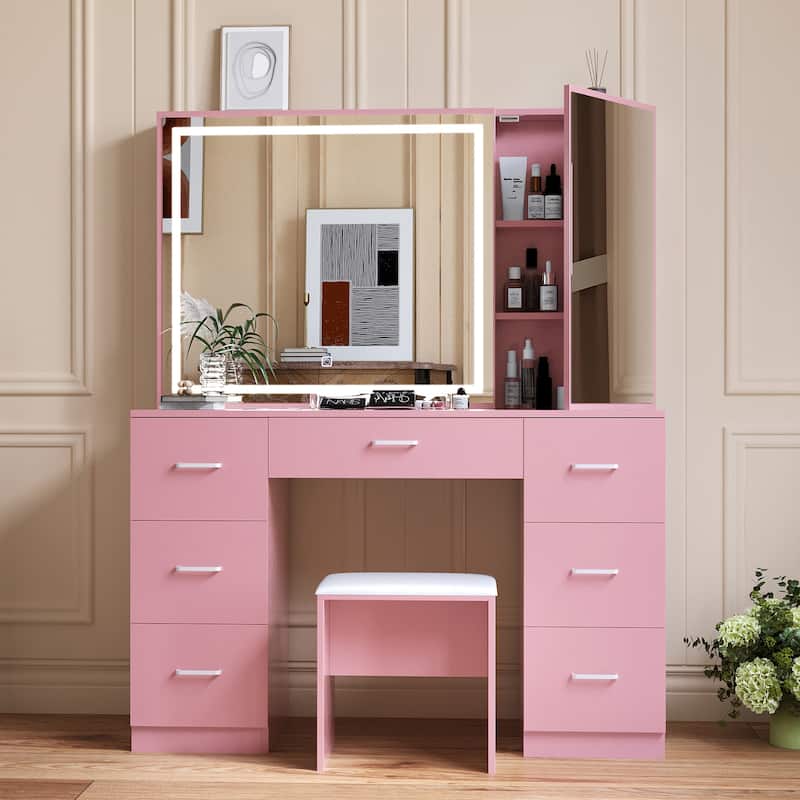 Vanity Set with Lighted Mirror,Extra Large Mirror Makeup Vanity Table with 7 Drawers,white