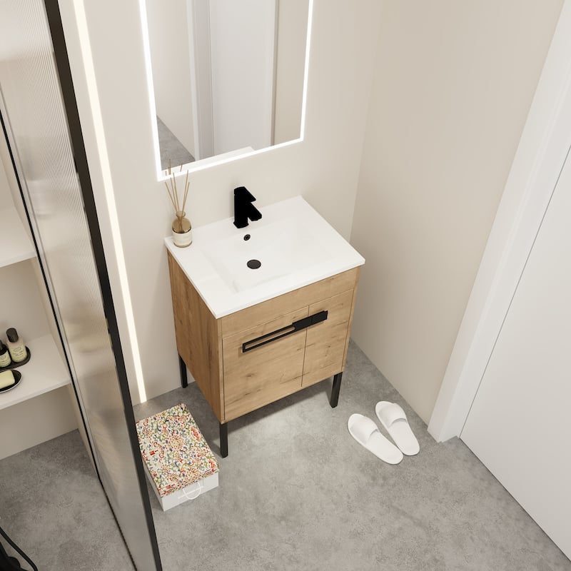 24 inch Plywood Freestanding/Wall Mounted Bathroom Vanity Set with Doors and Shelf and Integrated Ceramic Sink