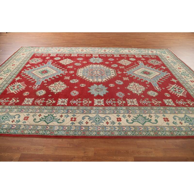Red Geometric Kazak Oriental Area Rug Handmade Traditional Wool Carpet - 8'4"x 11'7"