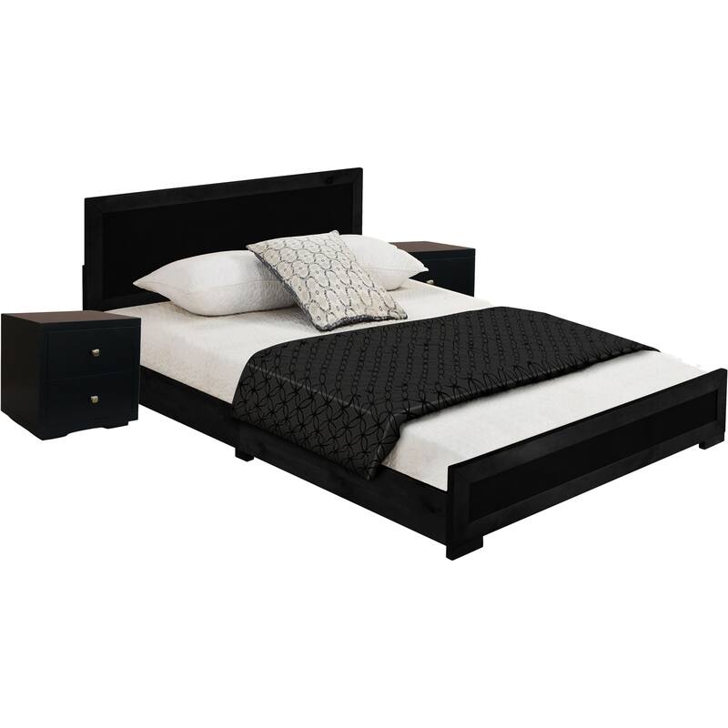 Wooden Platform Bed with Nightstands - Modern Black Bed Frame, Slat Support System