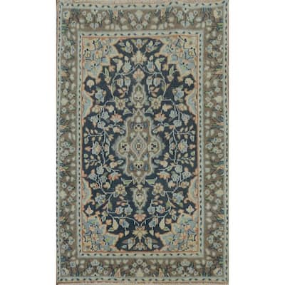 Hand Knotted Oriental 100% Wool Carpet Traditional Floral Navy Blue & Blues Kerman Area Rug - 2' 11'' X 1' 10''